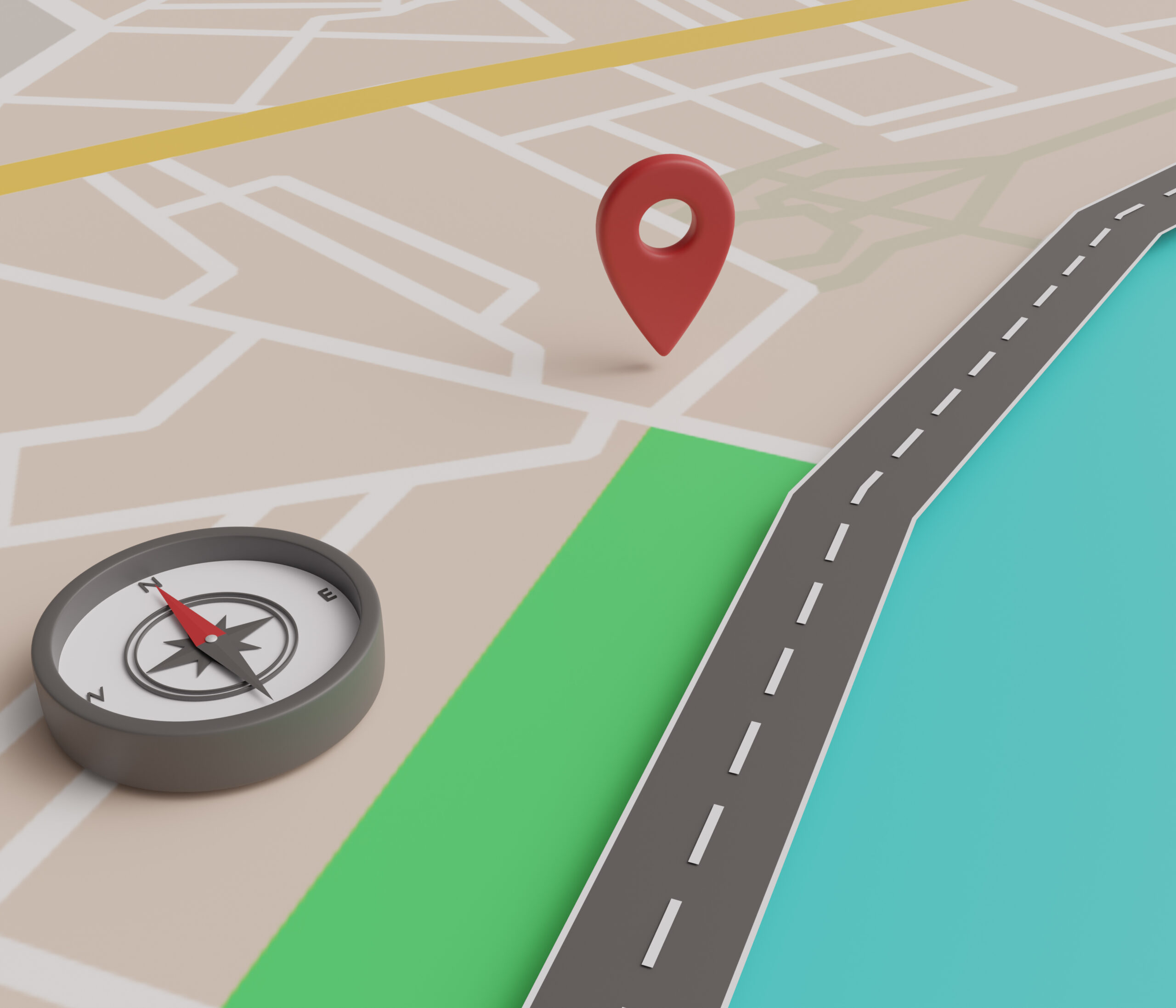 3d view map with a compass and road and map pin
